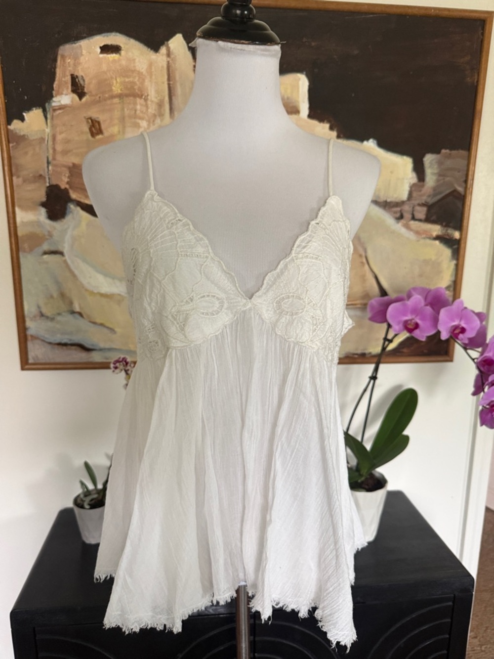 FREE PEOPLE Ivory Lace-Trim V-Neck Camisole Chemise